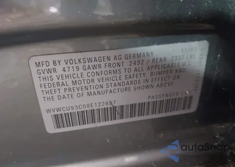 2008 Volkswagen Passat Vr6 из США, поврежденный, VIN WVWCU93C08E122657